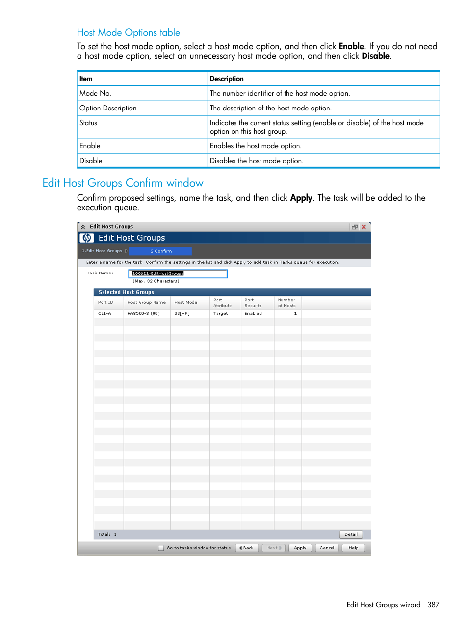 Edit host groups confirm window, Host mode options table | HP XP P9500 Storage User Manual | Page 387 / 438