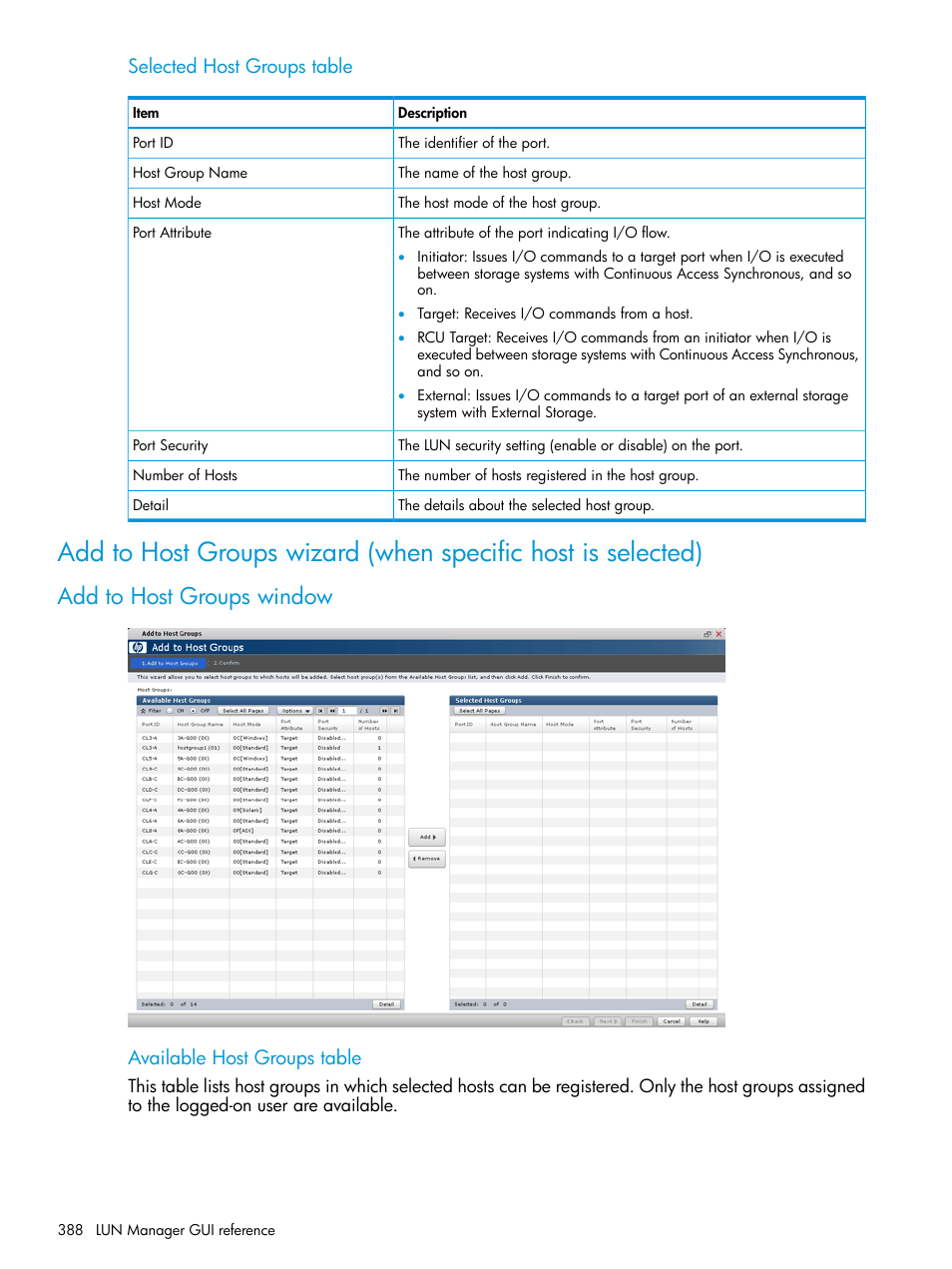 Add to host groups window, Selected host groups table, Available host groups table | HP XP P9500 Storage User Manual | Page 388 / 438