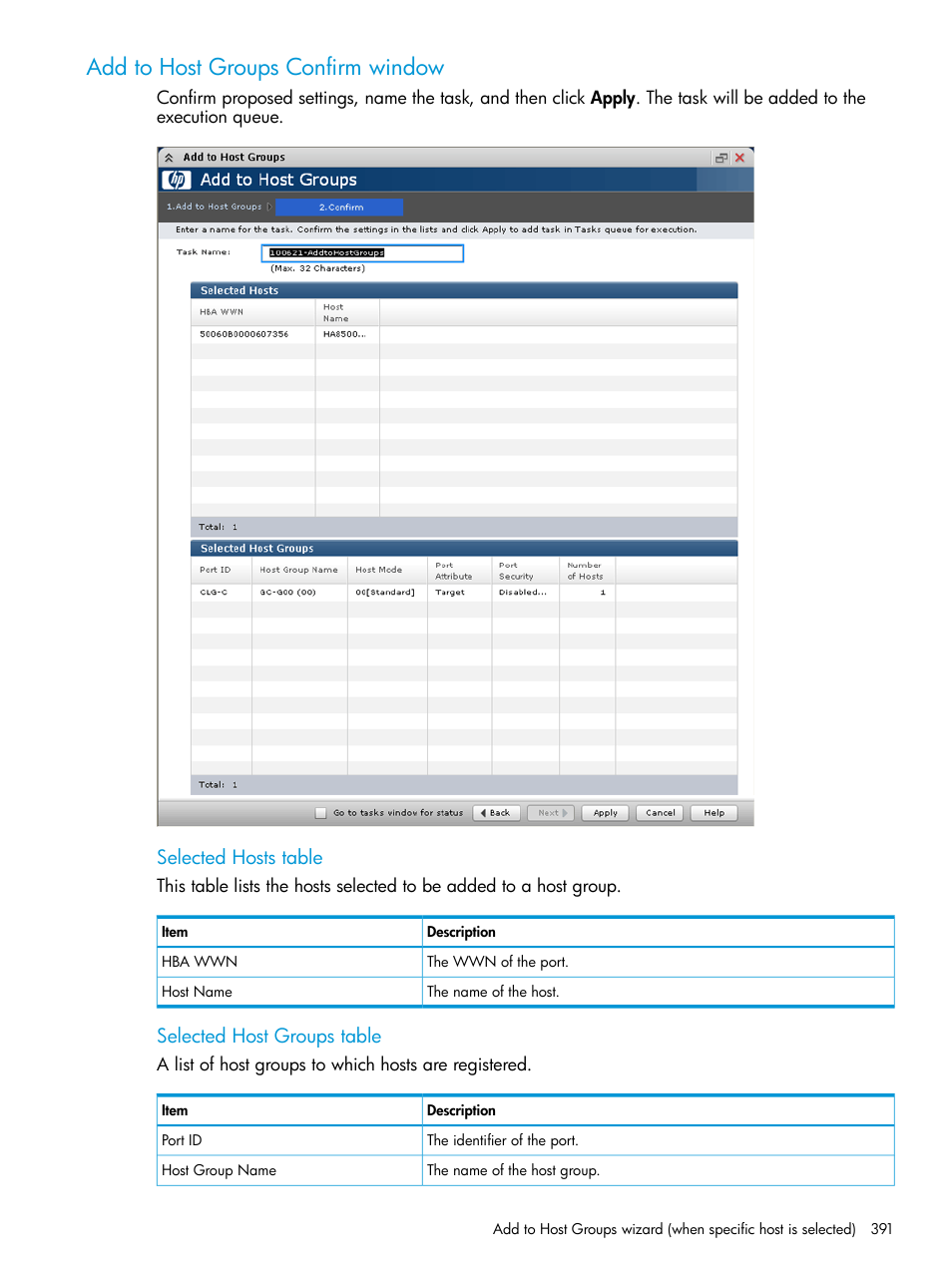 Add to host groups confirm window, Selected hosts table, Selected host groups table | HP XP P9500 Storage User Manual | Page 391 / 438