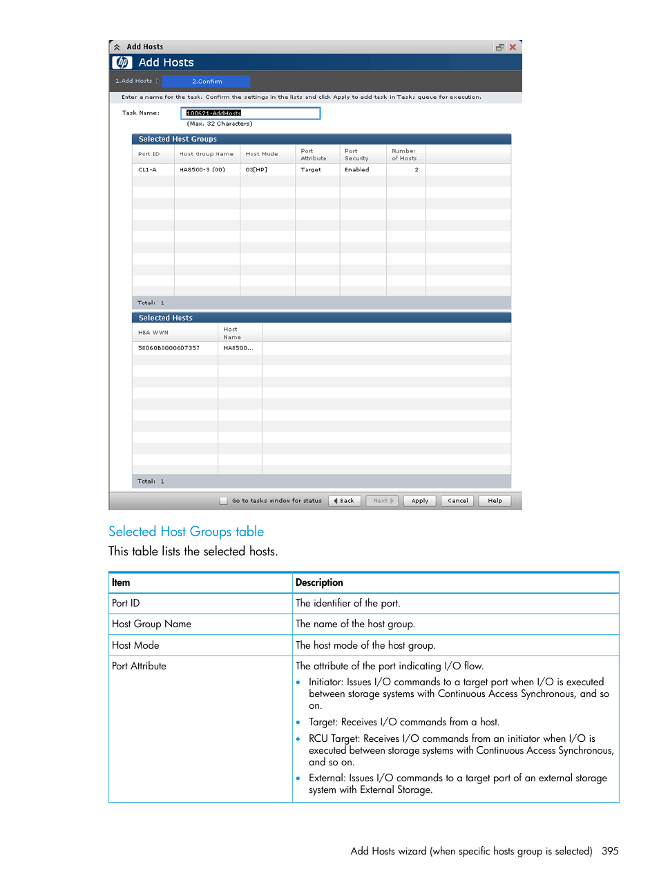 Selected host groups table | HP XP P9500 Storage User Manual | Page 395 / 438