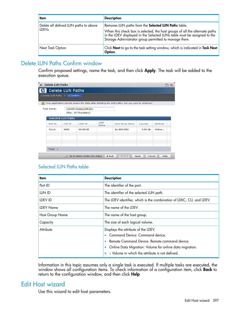 Delete lun paths confirm window, Edit host wizard, Selected lun paths table | HP XP P9500 Storage User Manual | Page 397 / 438