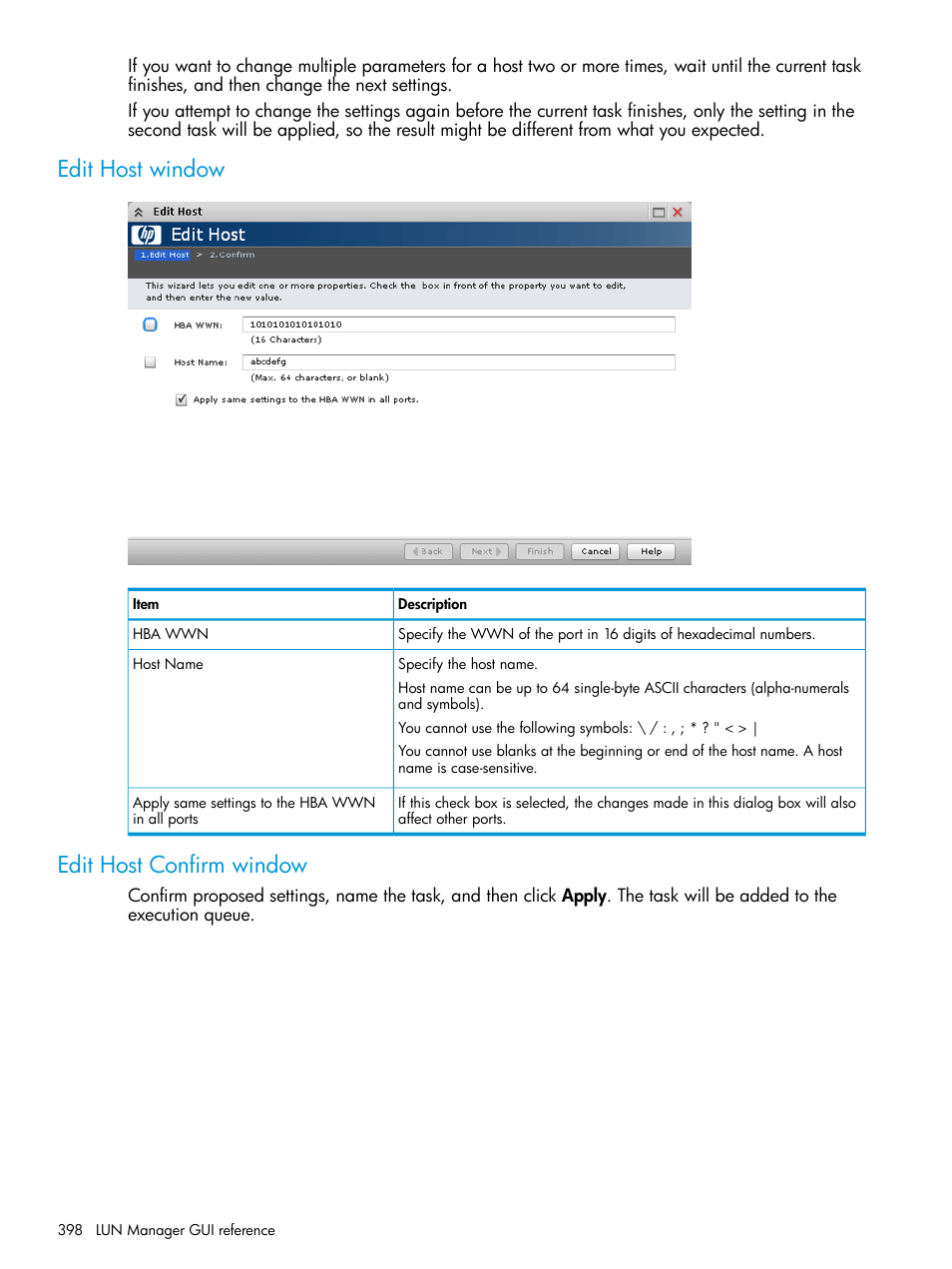 Edit host window, Edit host confirm window, Edit host window edit host confirm window | HP XP P9500 Storage User Manual | Page 398 / 438