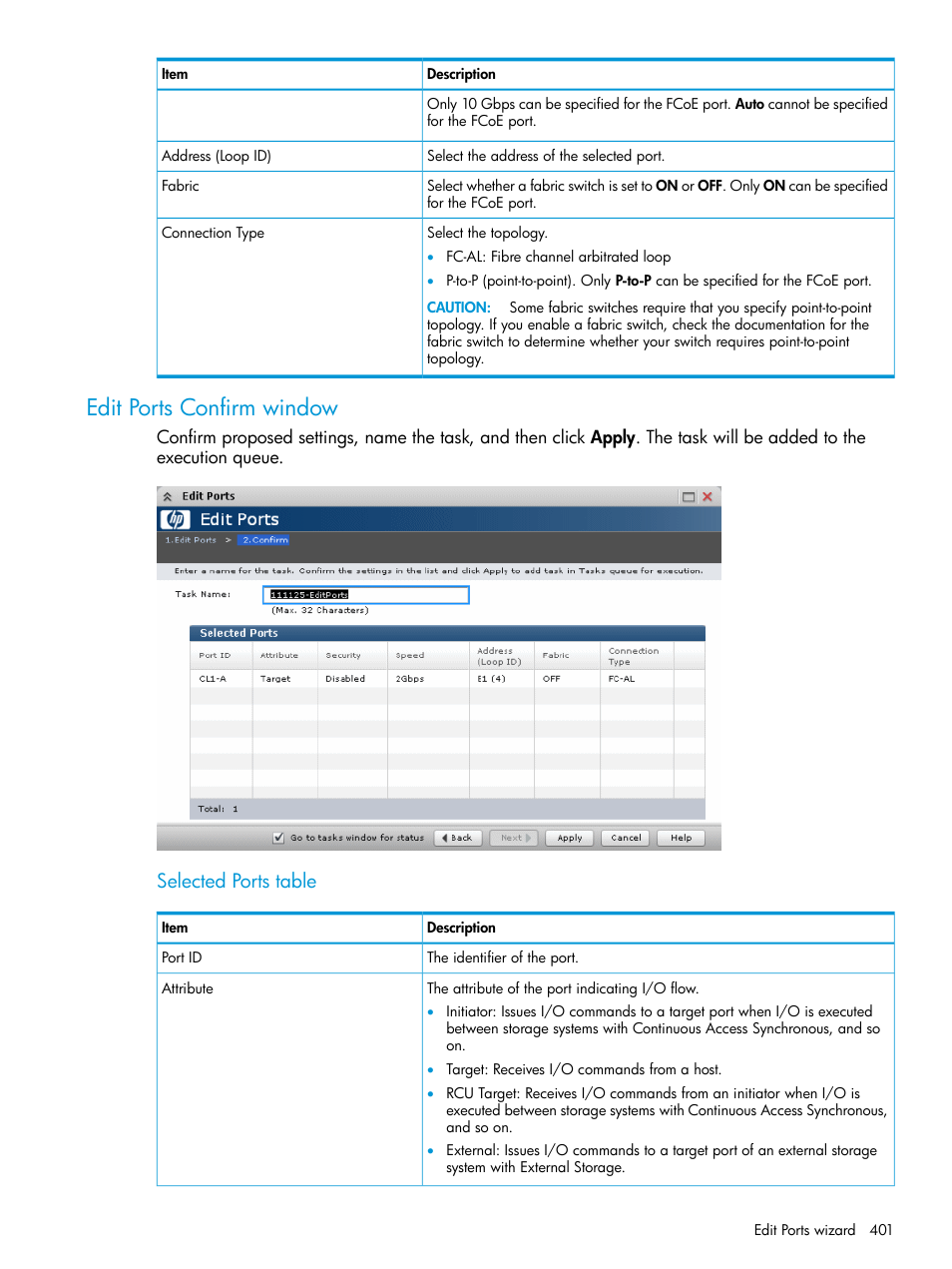 Edit ports confirm window, Selected ports table | HP XP P9500 Storage User Manual | Page 401 / 438