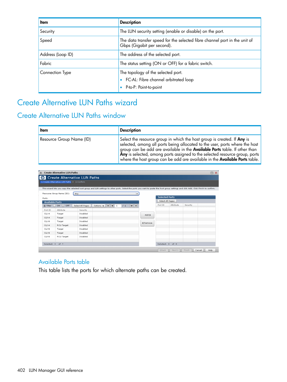 Create alternative lun paths wizard, Create alternative lun paths window, Available ports table | HP XP P9500 Storage User Manual | Page 402 / 438