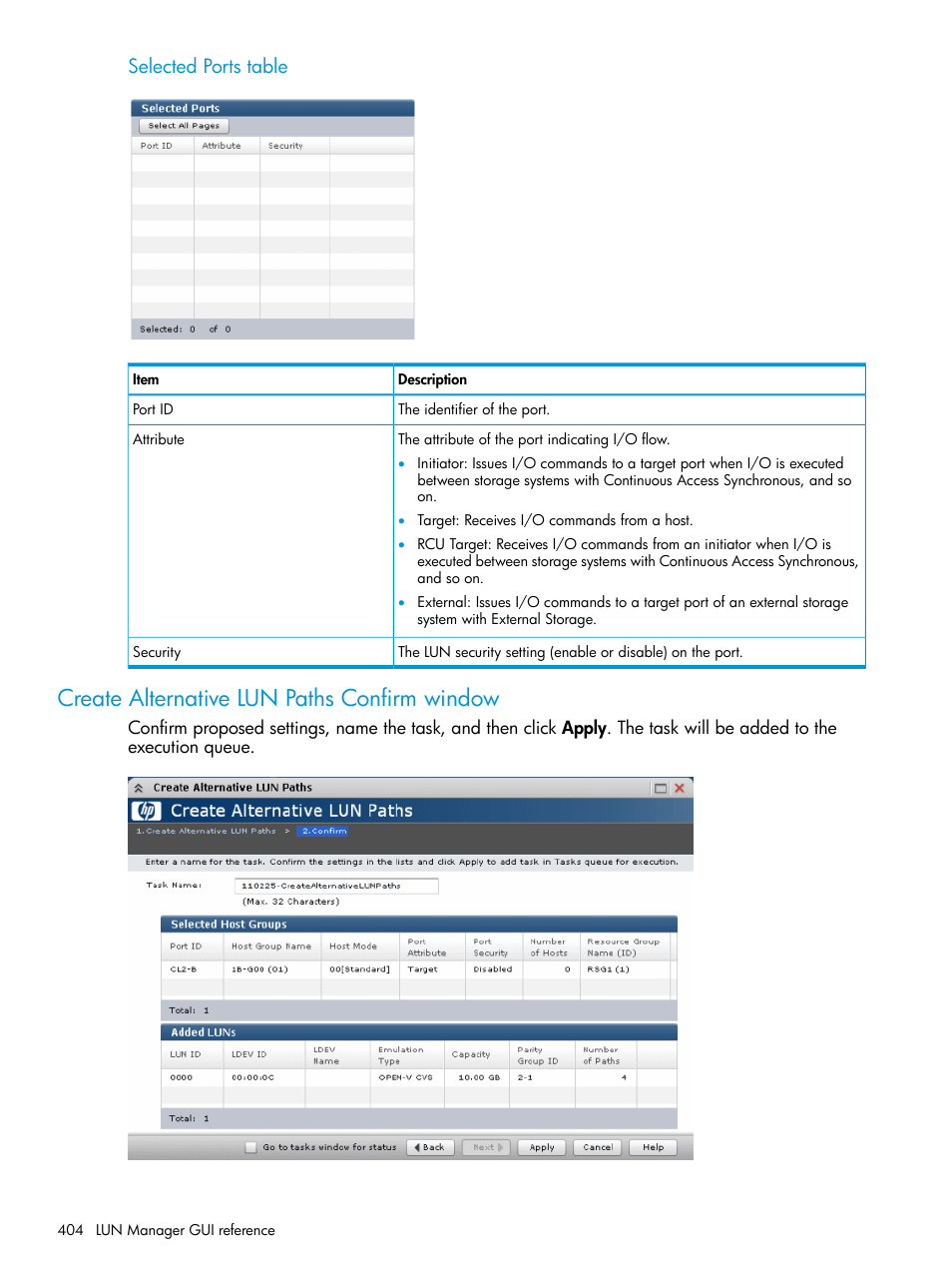 Create alternative lun paths confirm window, Selected ports table | HP XP P9500 Storage User Manual | Page 404 / 438