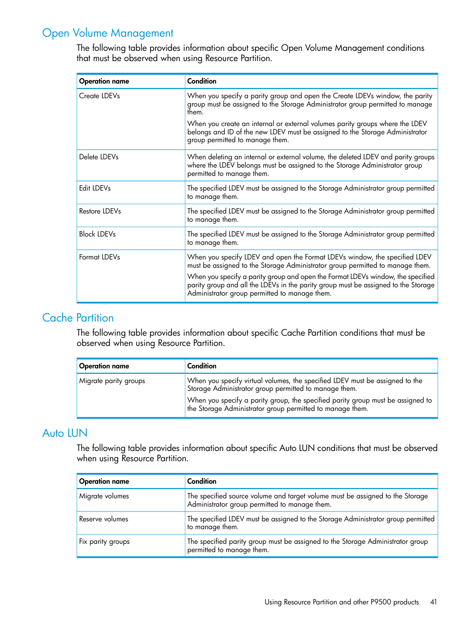 Open volume management, Cache partition, Auto lun | Open volume management cache partition auto lun | HP XP P9500 Storage User Manual | Page 41 / 438