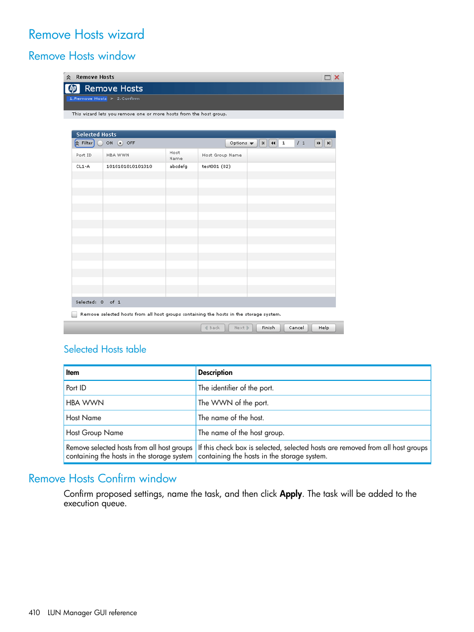 Remove hosts wizard, Remove hosts window, Remove hosts confirm window | Remove hosts window remove hosts confirm window | HP XP P9500 Storage User Manual | Page 410 / 438