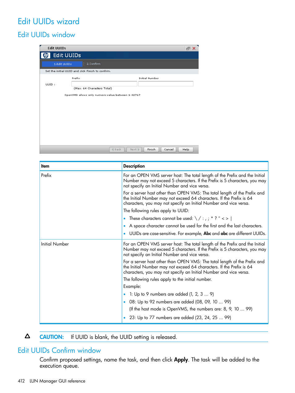 Edit uuids wizard, Edit uuids window, Edit uuids confirm window | Edit uuids window edit uuids confirm window | HP XP P9500 Storage User Manual | Page 412 / 438