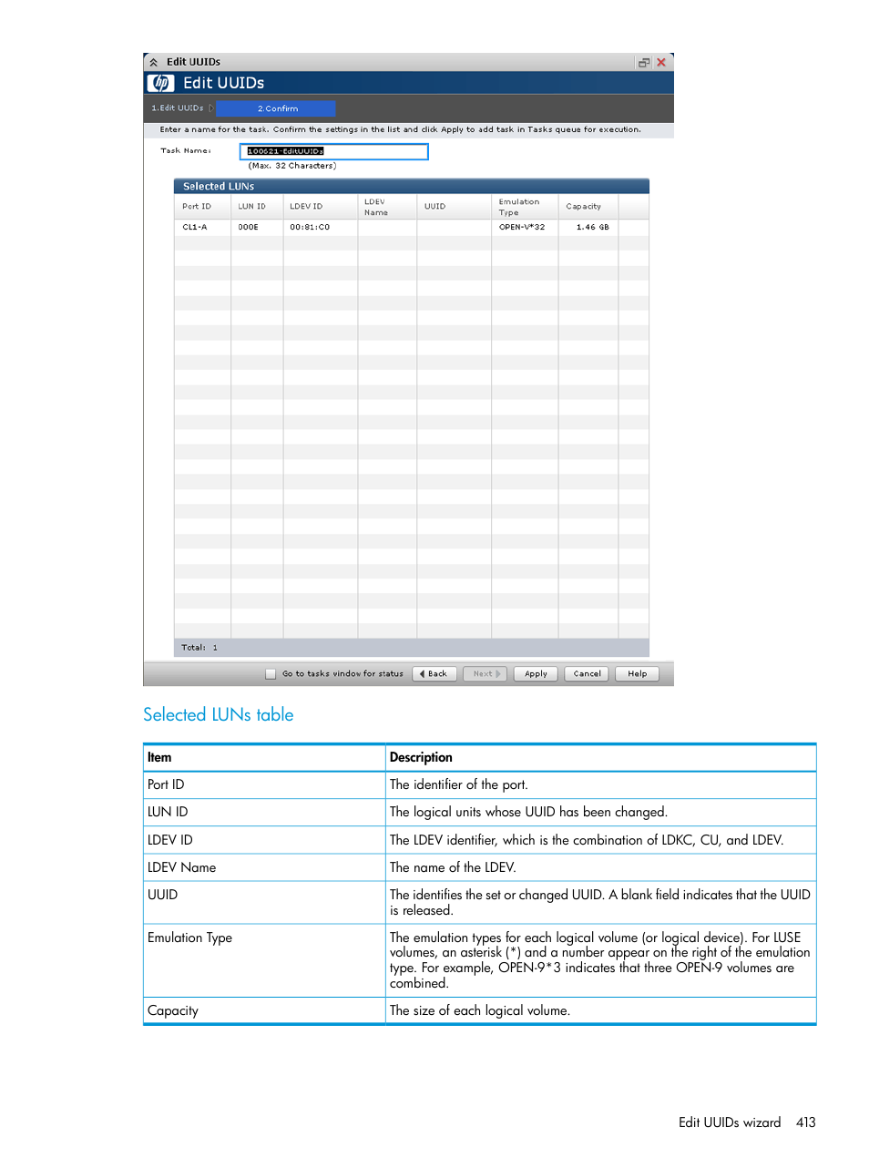 Selected luns table | HP XP P9500 Storage User Manual | Page 413 / 438
