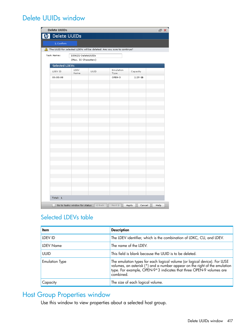 Delete uuids window, Host group properties window, Delete uuids window host group properties window | Selected ldevs table | HP XP P9500 Storage User Manual | Page 417 / 438
