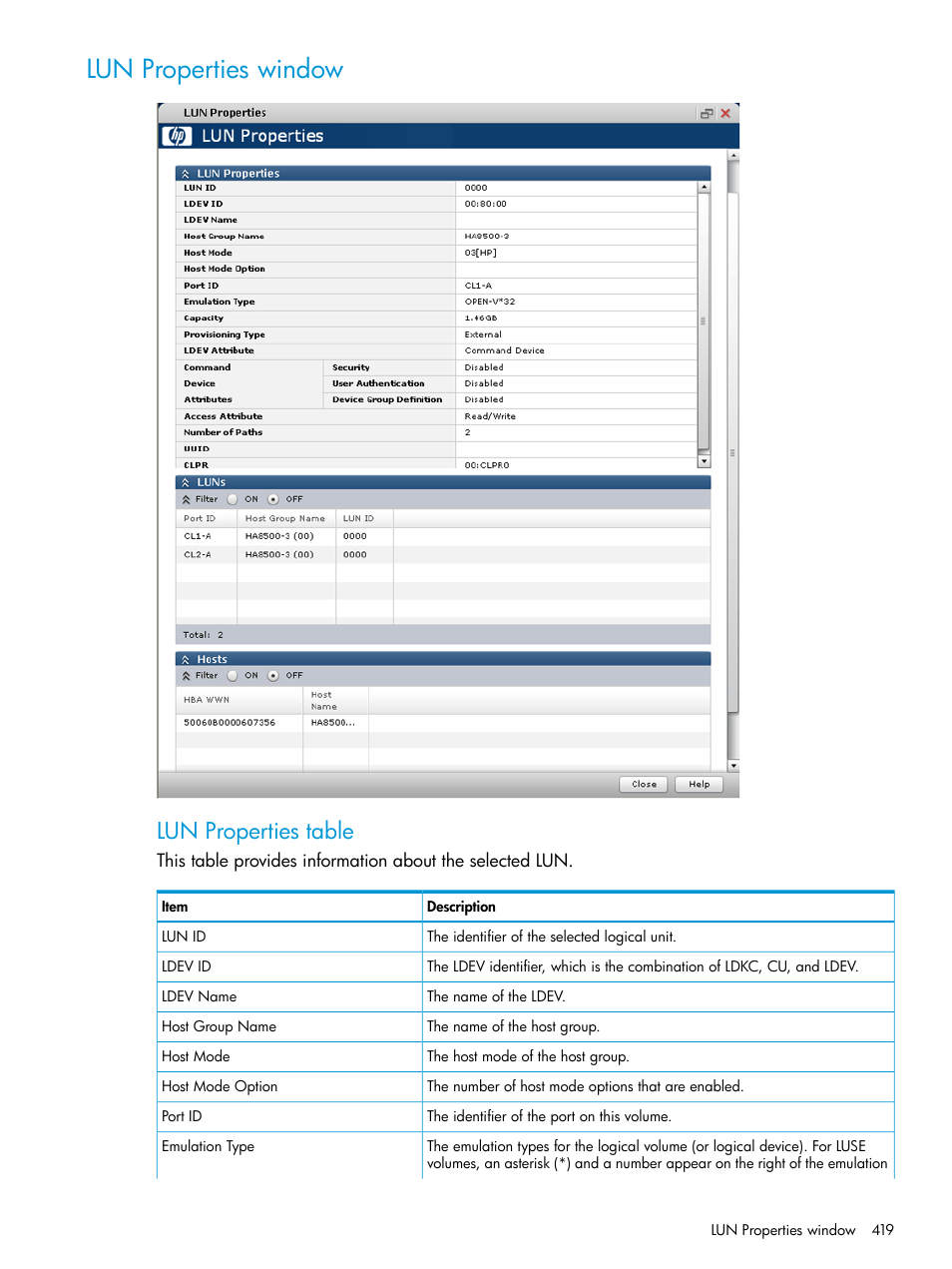 Lun properties window, Lun properties table | HP XP P9500 Storage User Manual | Page 419 / 438