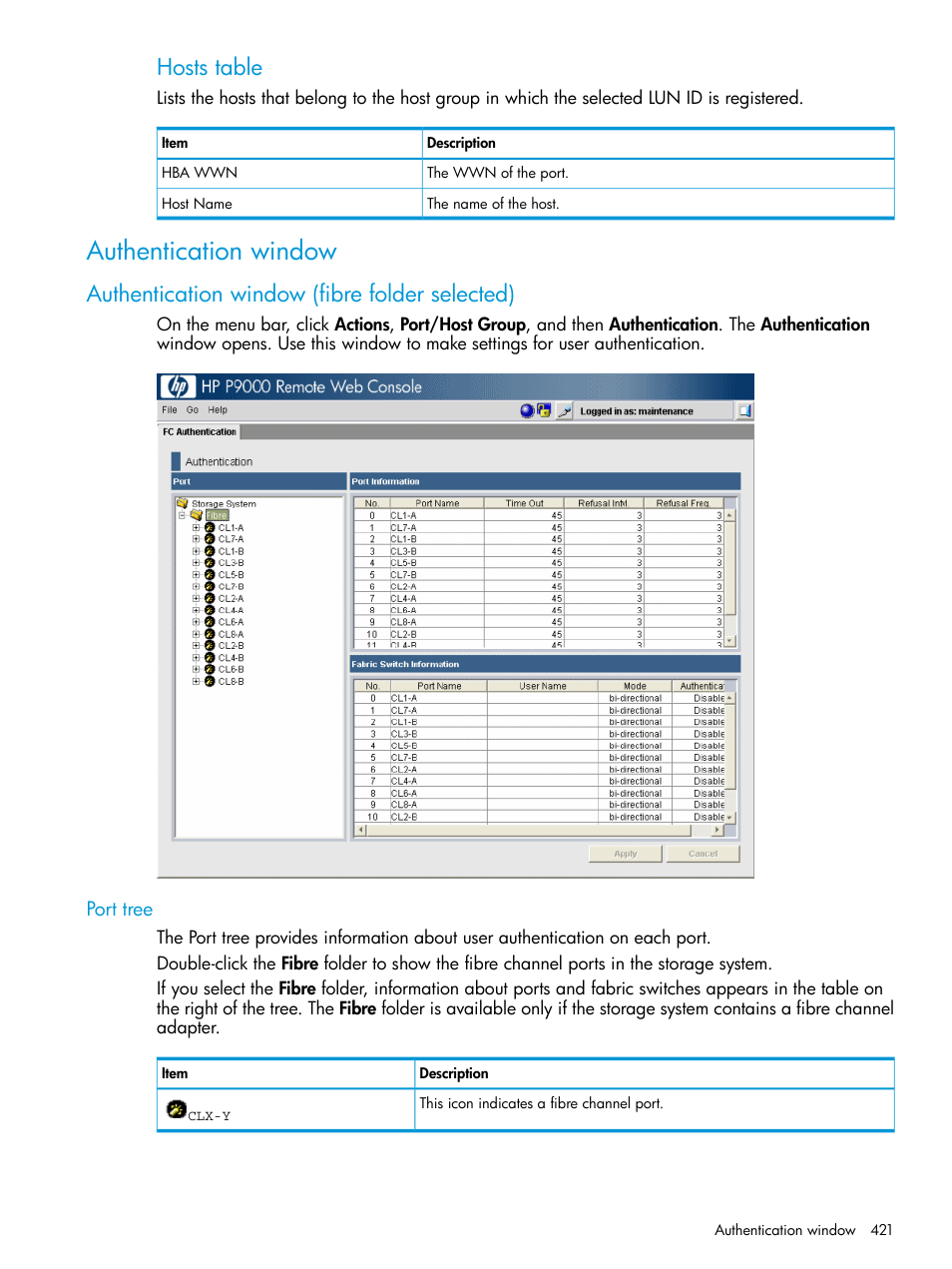 Authentication window, Authentication window (fibre folder selected), Port tree | Hosts table | HP XP P9500 Storage User Manual | Page 421 / 438