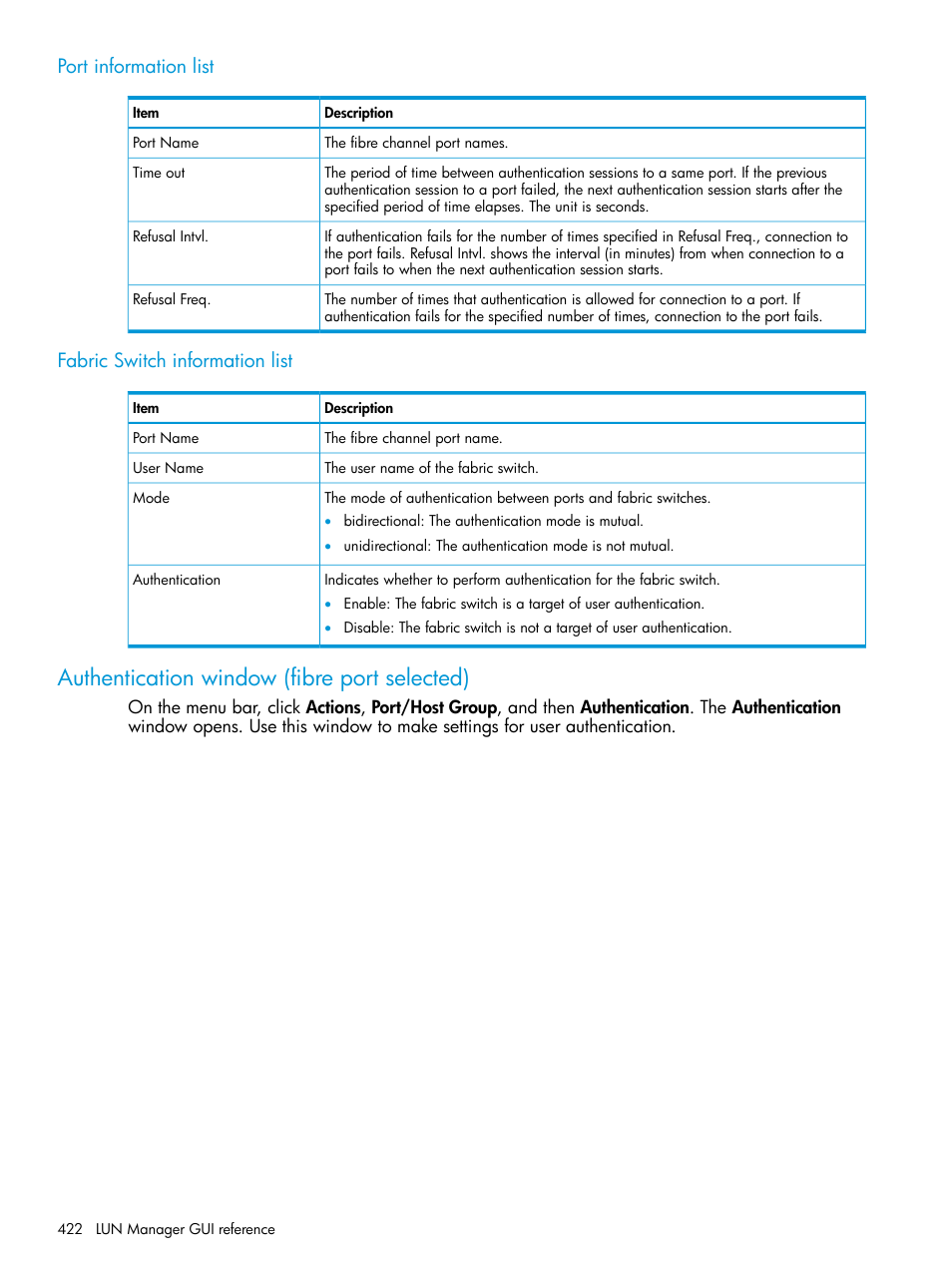 Port information list, Fabric switch information list, Authentication window (fibre port selected) | HP XP P9500 Storage User Manual | Page 422 / 438