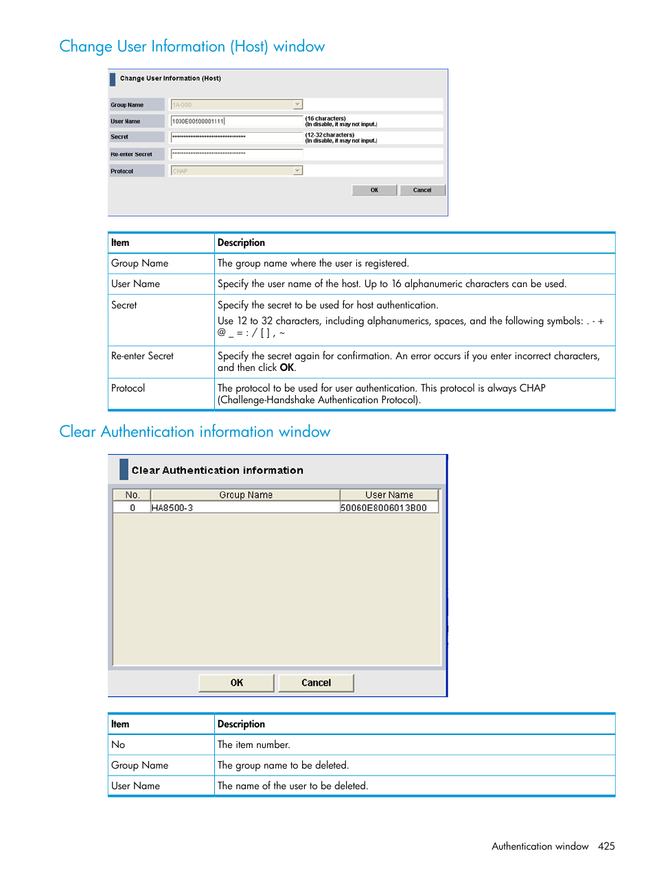 Change user information (host) window, Clear authentication information window | HP XP P9500 Storage User Manual | Page 425 / 438