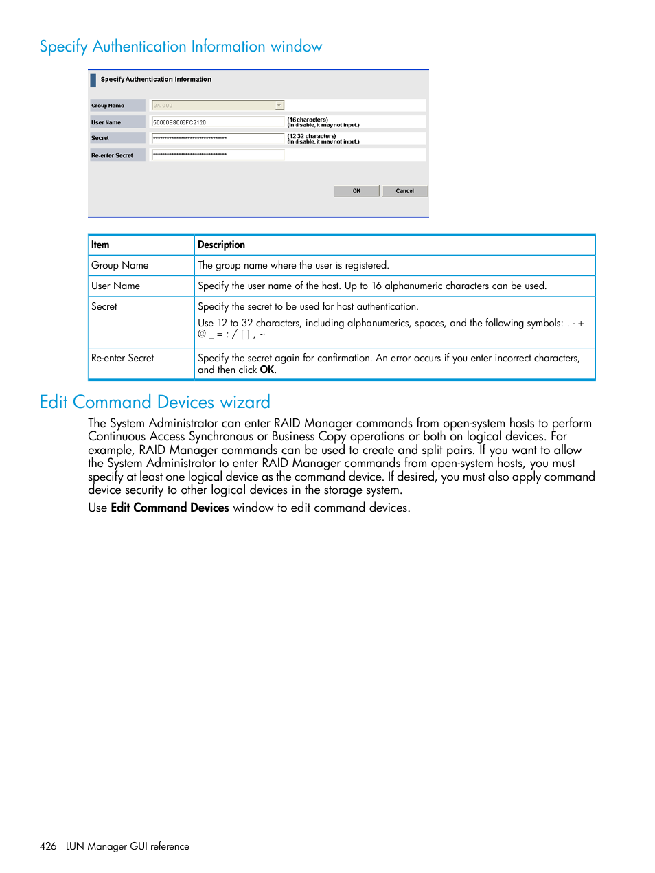 Specify authentication information window, Edit command devices wizard | HP XP P9500 Storage User Manual | Page 426 / 438