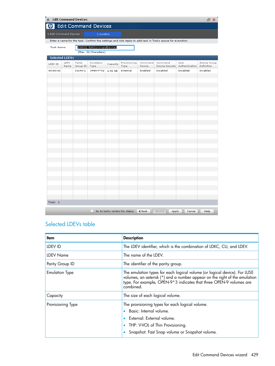 Selected ldevs table | HP XP P9500 Storage User Manual | Page 429 / 438
