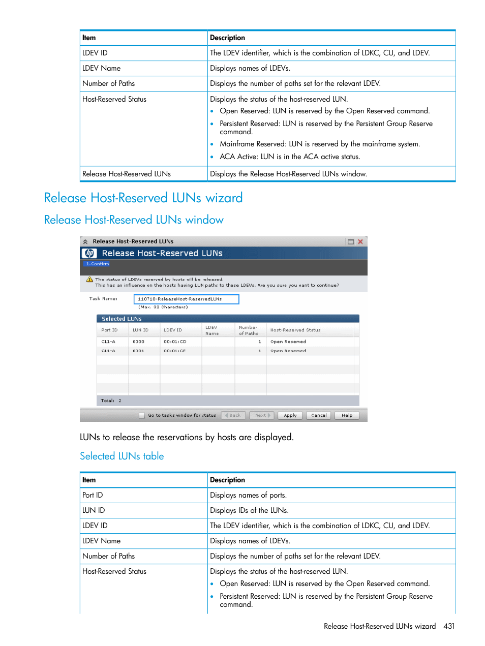 Release host-reserved luns wizard, Release host-reserved luns window, Selected luns table | HP XP P9500 Storage User Manual | Page 431 / 438