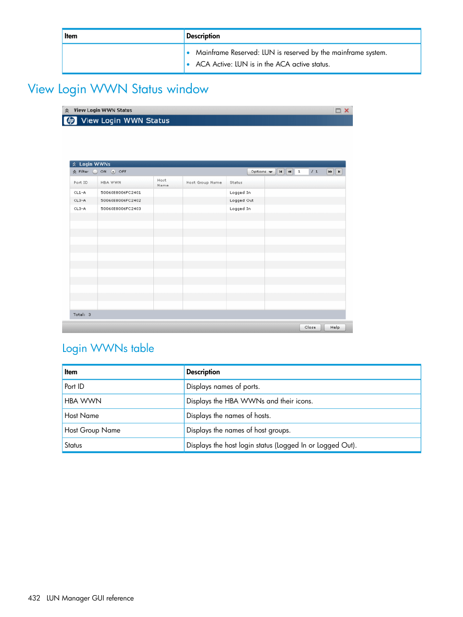 View login wwn status window, Login wwns table | HP XP P9500 Storage User Manual | Page 432 / 438