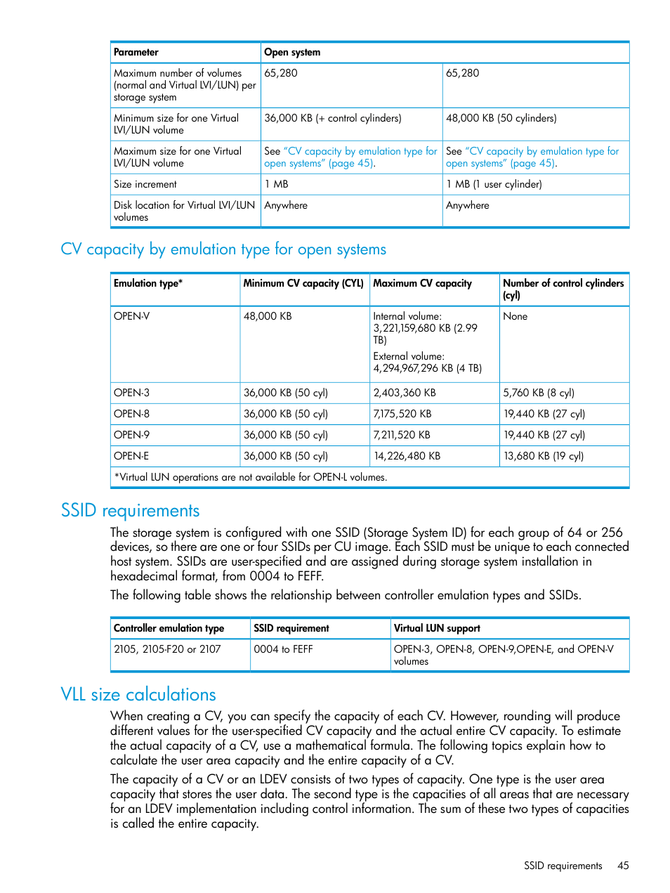Cv capacity by emulation type for open systems, Ssid requirements, Vll size calculations | Ssid requirements vll size calculations | HP XP P9500 Storage User Manual | Page 45 / 438