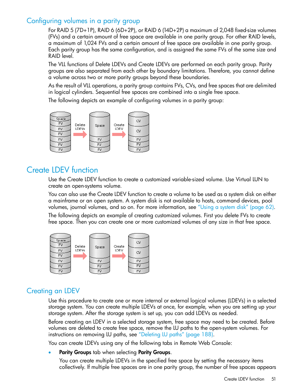 Configuring volumes in a parity group, Create ldev function, Creating an ldev | HP XP P9500 Storage User Manual | Page 51 / 438