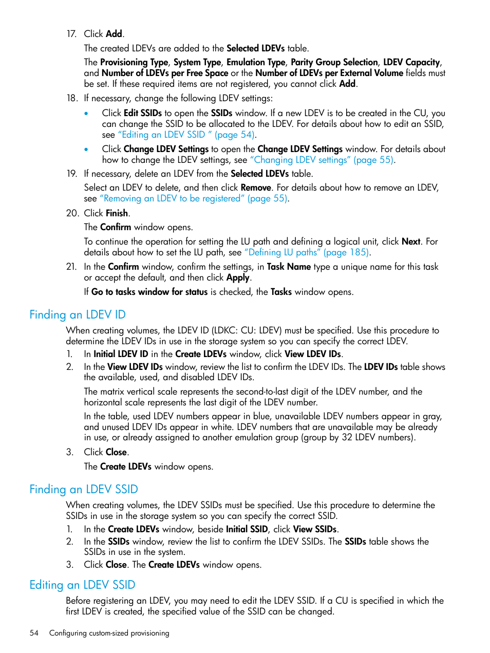 Finding an ldev id, Finding an ldev ssid, Editing an ldev ssid | HP XP P9500 Storage User Manual | Page 54 / 438