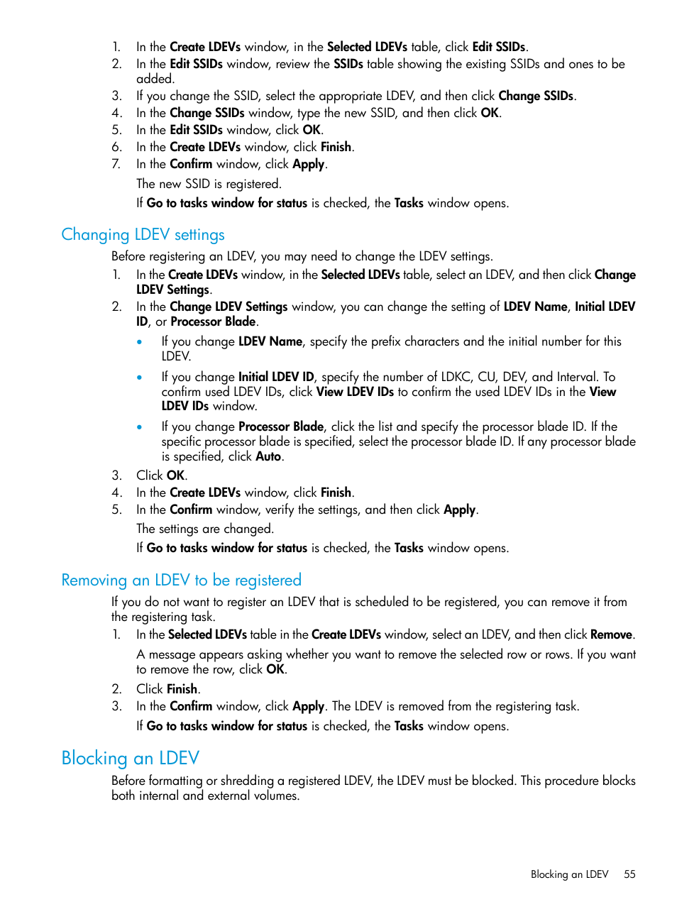 Changing ldev settings, Removing an ldev to be registered, Blocking an ldev | HP XP P9500 Storage User Manual | Page 55 / 438