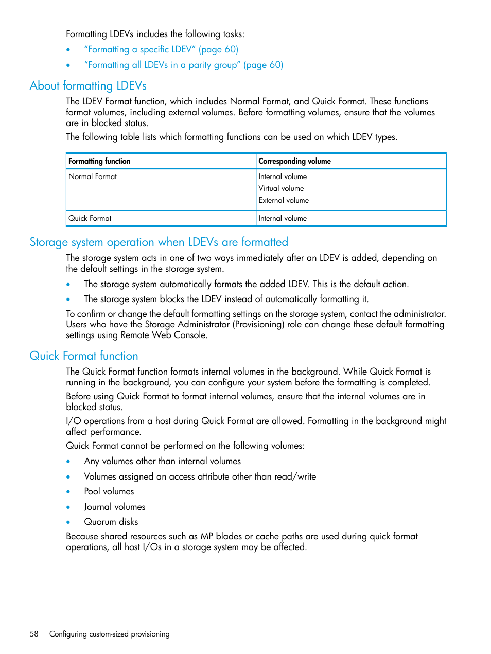 About formatting ldevs, Storage system operation when ldevs are formatted, Quick format function | HP XP P9500 Storage User Manual | Page 58 / 438