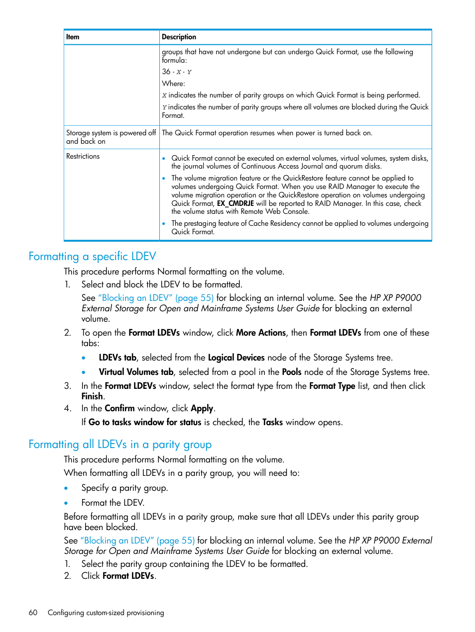 Formatting a specific ldev, Formatting all ldevs in a parity group | HP XP P9500 Storage User Manual | Page 60 / 438