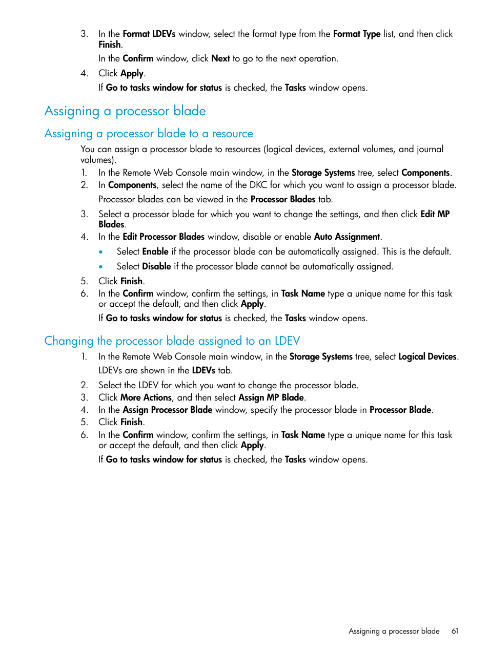 Assigning a processor blade, Assigning a processor blade to a resource, Changing the processor blade assigned to an ldev | HP XP P9500 Storage User Manual | Page 61 / 438