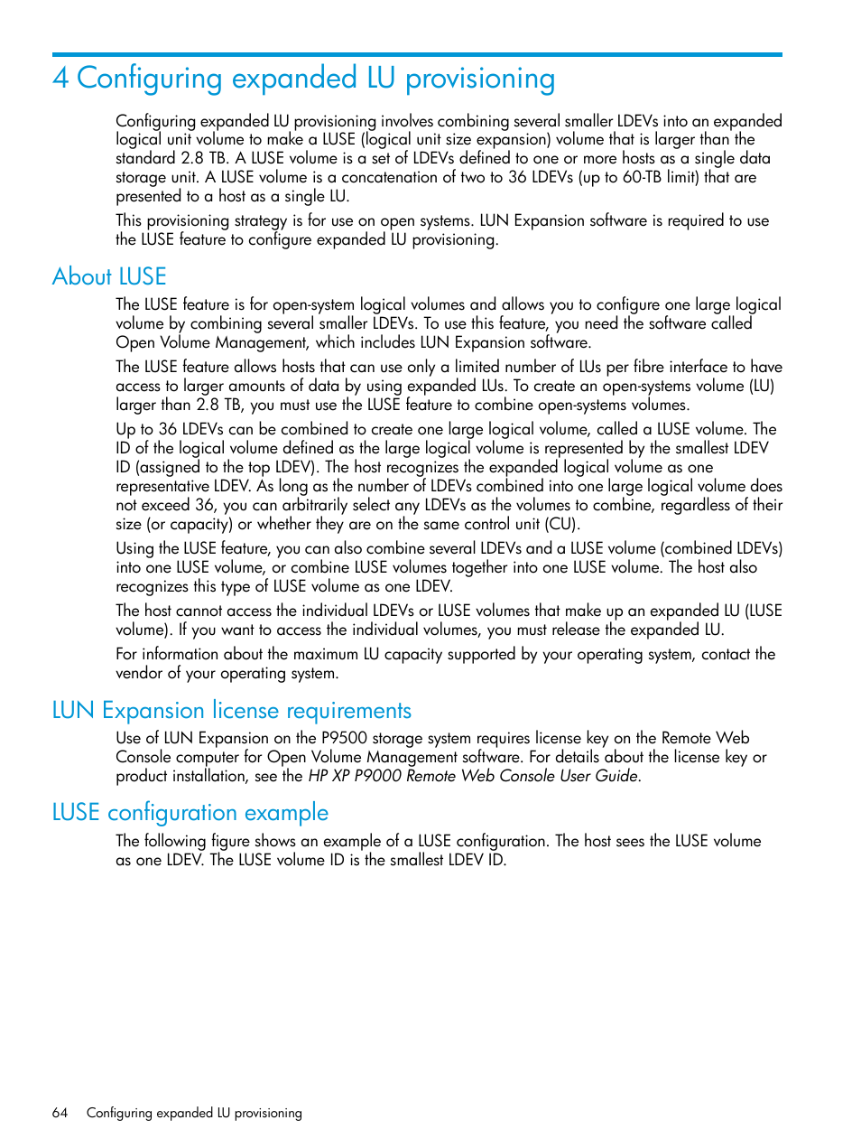 4 configuring expanded lu provisioning, About luse, Lun expansion license requirements | Luse configuration example | HP XP P9500 Storage User Manual | Page 64 / 438