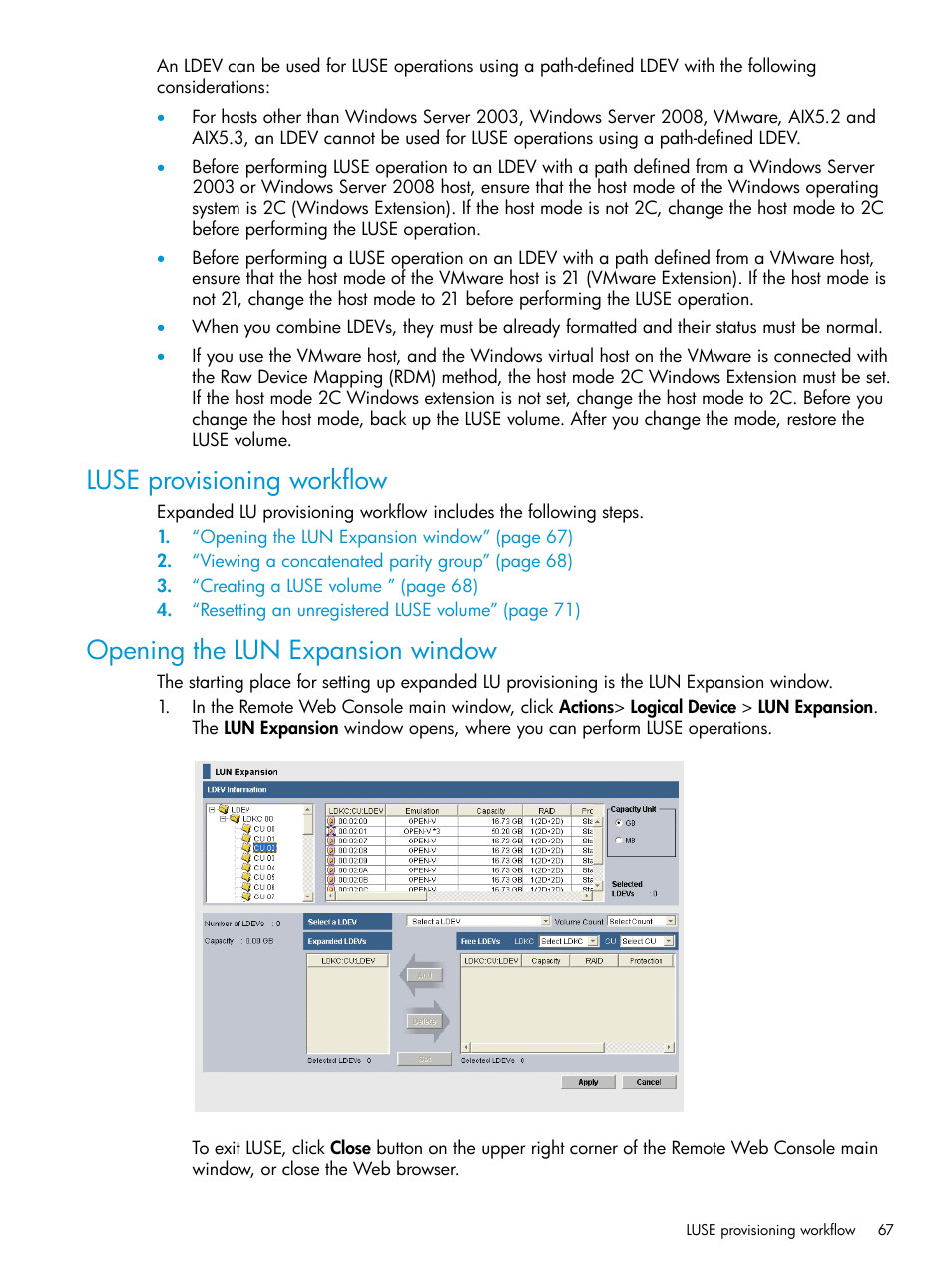 Luse provisioning workflow, Opening the lun expansion window | HP XP P9500 Storage User Manual | Page 67 / 438