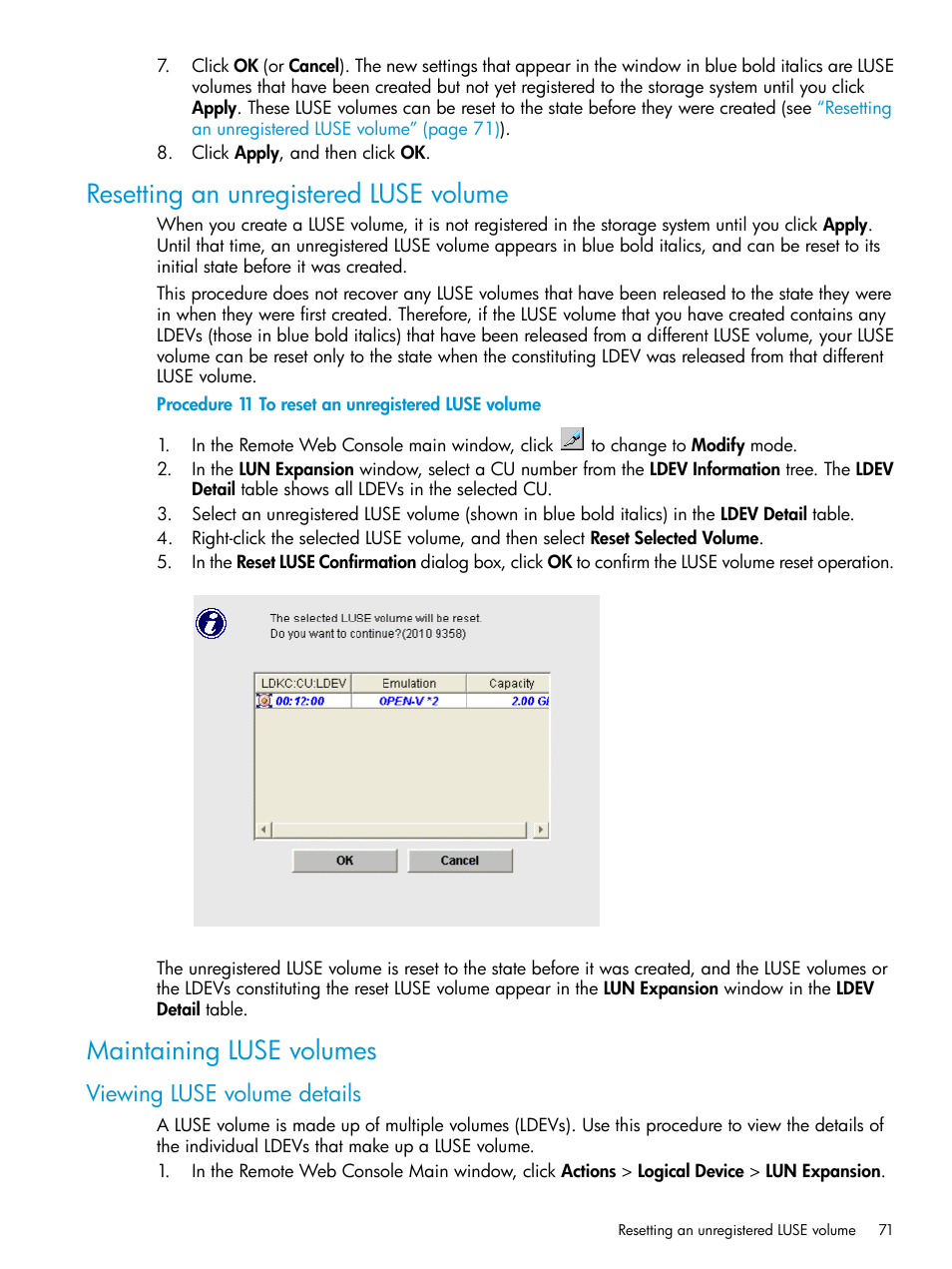 Resetting an unregistered luse volume, Maintaining luse volumes, Viewing luse volume details | HP XP P9500 Storage User Manual | Page 71 / 438
