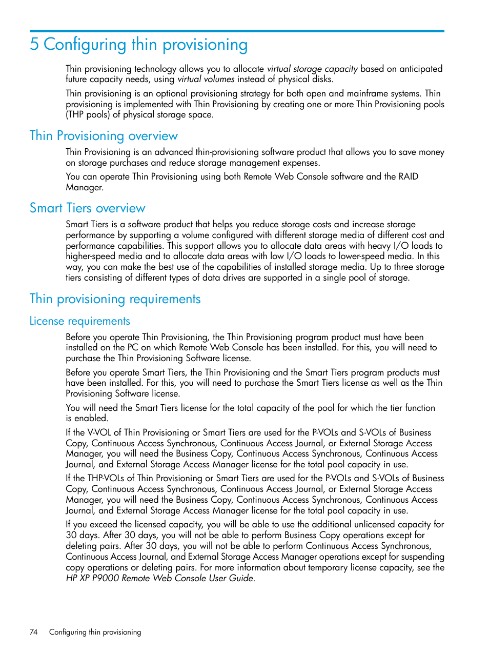 5 configuring thin provisioning, Thin provisioning overview, Smart tiers overview | Thin provisioning requirements, License requirements | HP XP P9500 Storage User Manual | Page 74 / 438