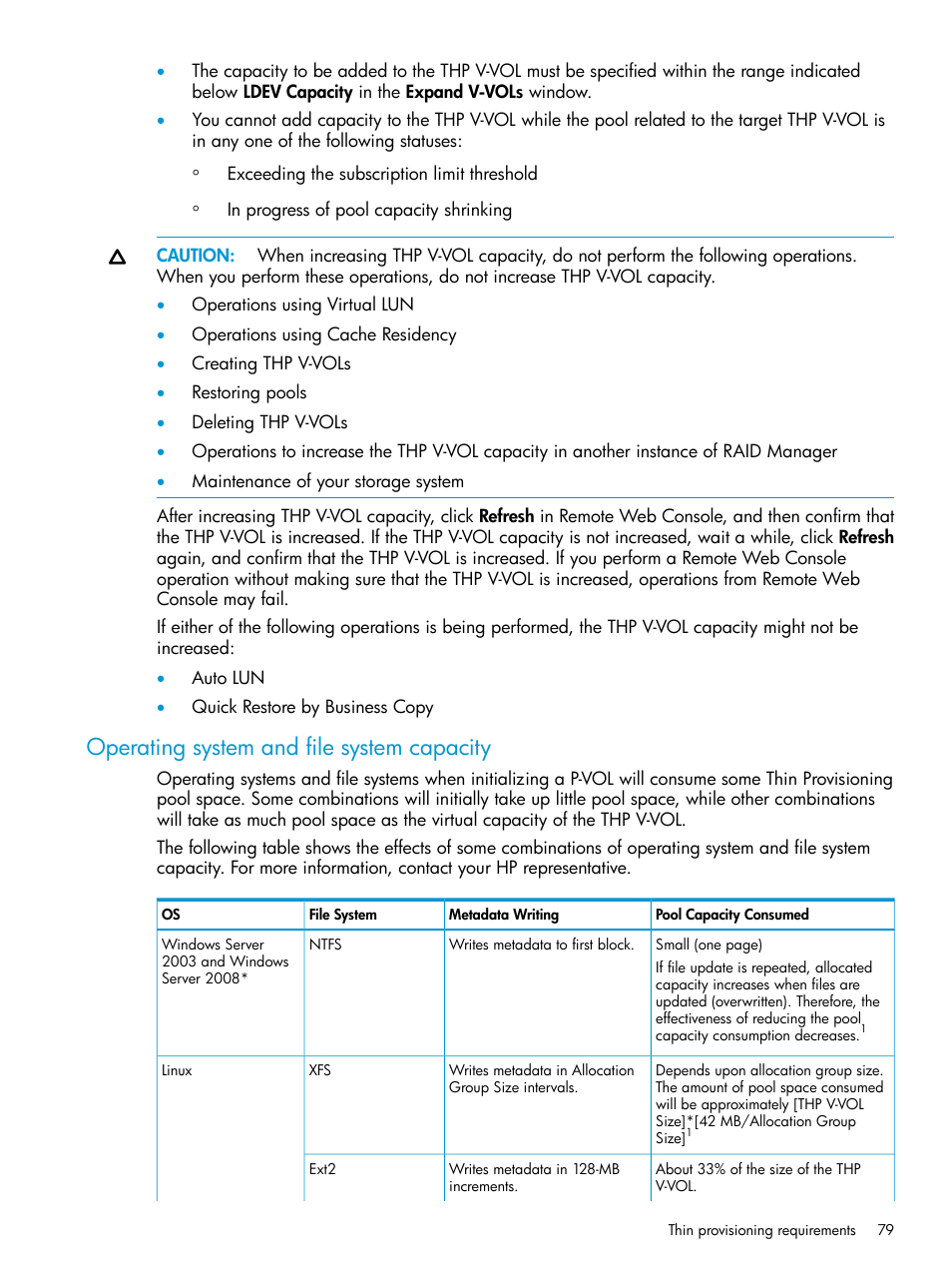 Operating system and file system capacity, Operating system and file | HP XP P9500 Storage User Manual | Page 79 / 438