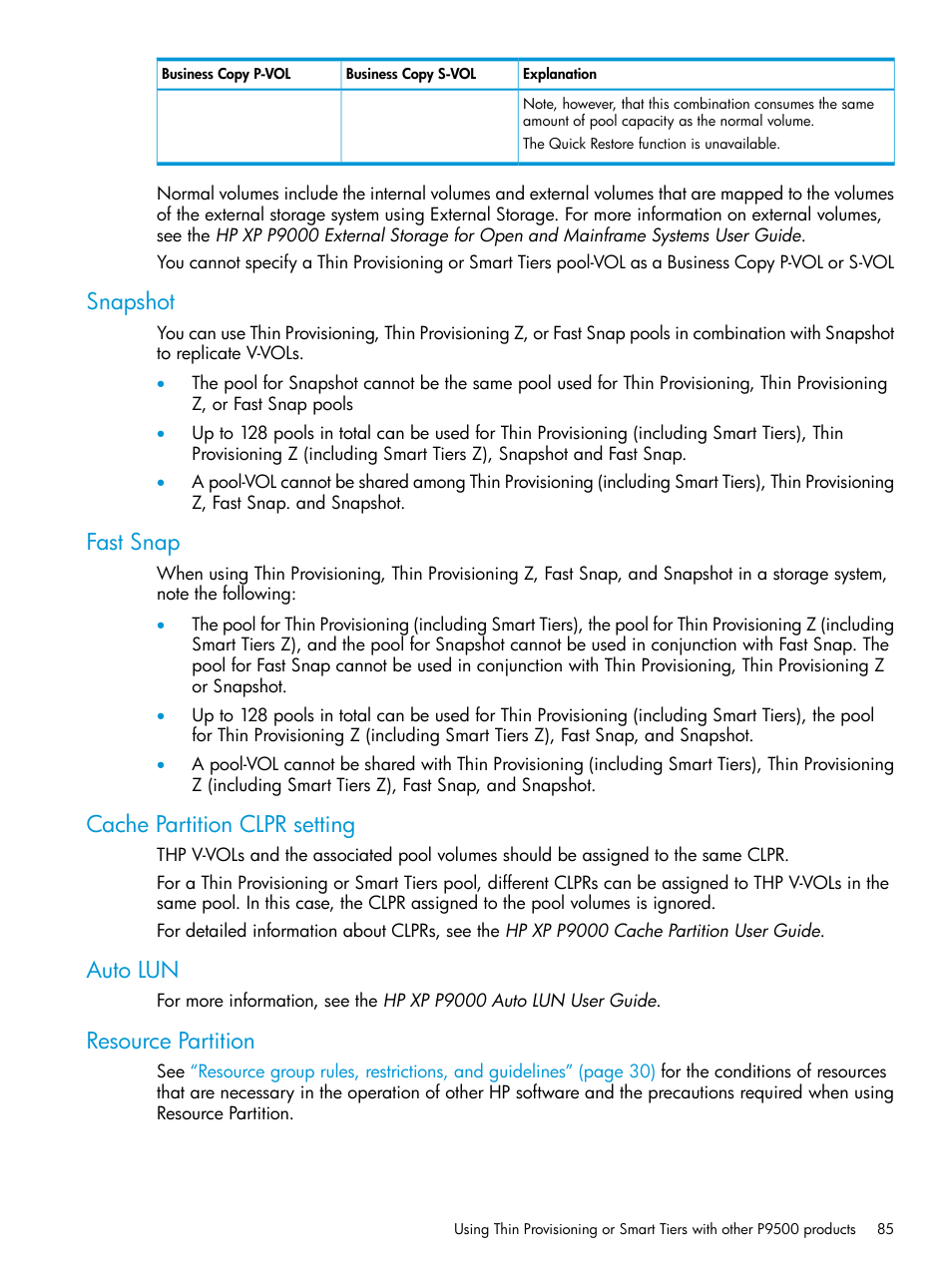 Snapshot, Fast snap, Cache partition clpr setting | Auto lun, Resource partition | HP XP P9500 Storage User Manual | Page 85 / 438