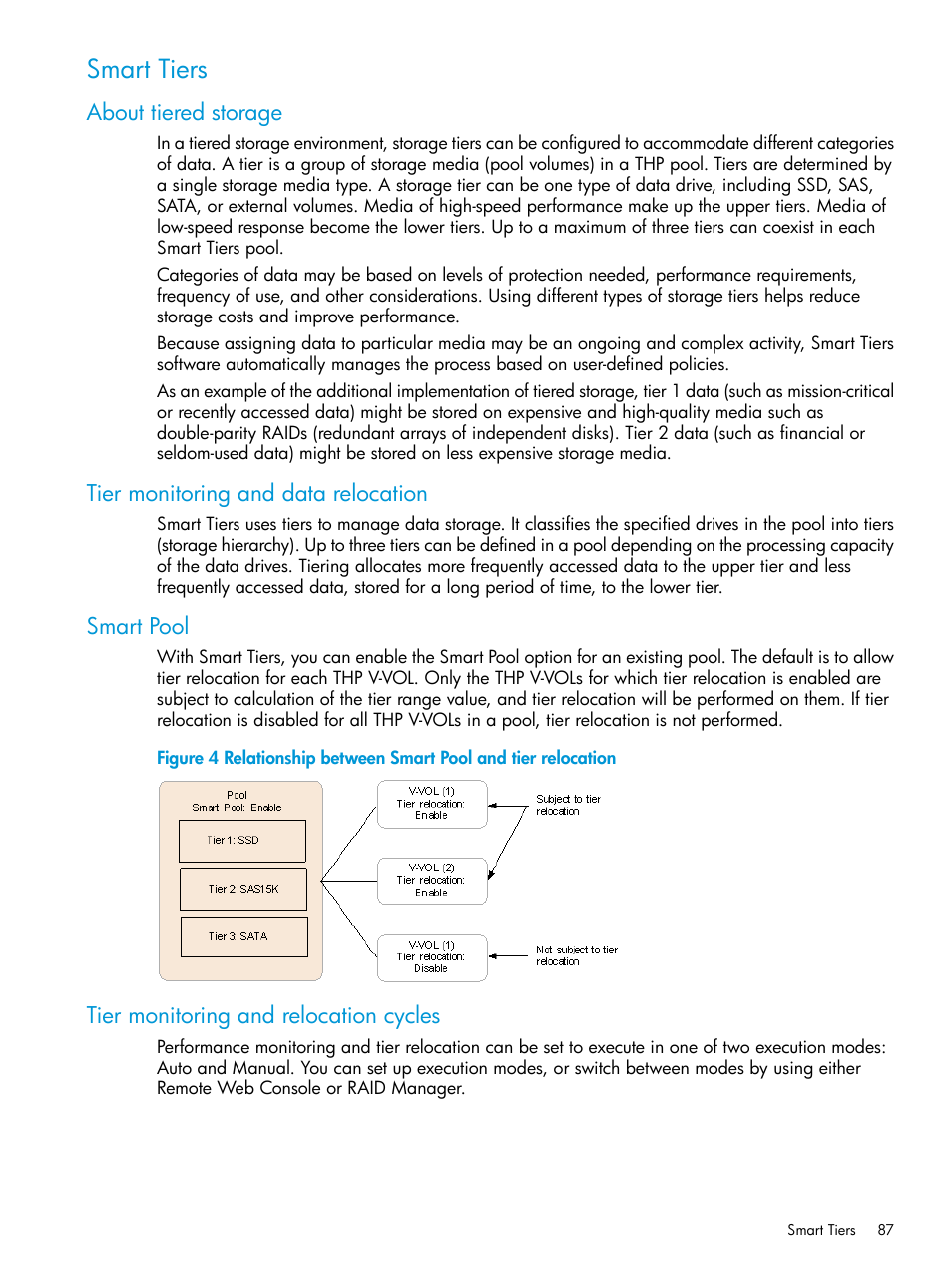 Smart tiers, About tiered storage, Tier monitoring and data relocation | Smart pool, Tier monitoring and relocation cycles | HP XP P9500 Storage User Manual | Page 87 / 438