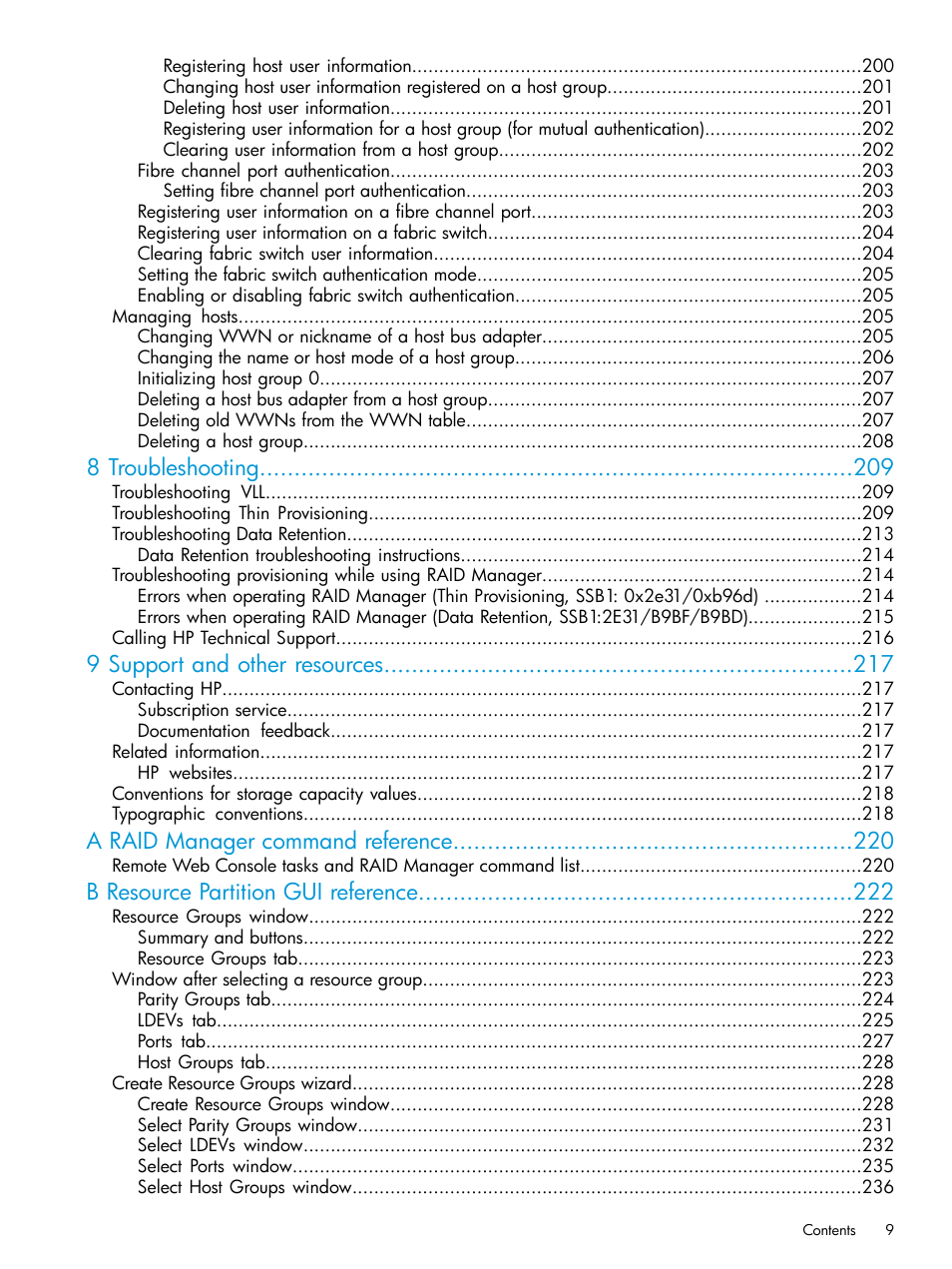 8 troubleshooting, 9 support and other resources, A raid manager command reference | B resource partition gui reference | HP XP P9500 Storage User Manual | Page 9 / 438