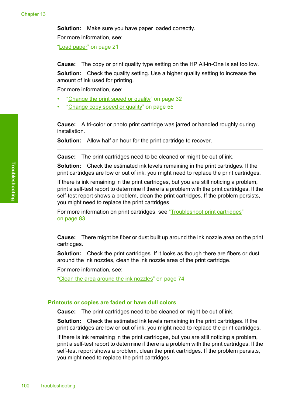 Printouts or copies are faded or have dull colors | HP Photosmart C4270 All-in-One Printer User Manual | Page 103 / 155