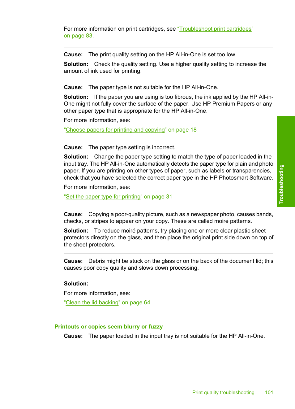 Printouts or copies seem blurry or fuzzy | HP Photosmart C4270 All-in-One Printer User Manual | Page 104 / 155