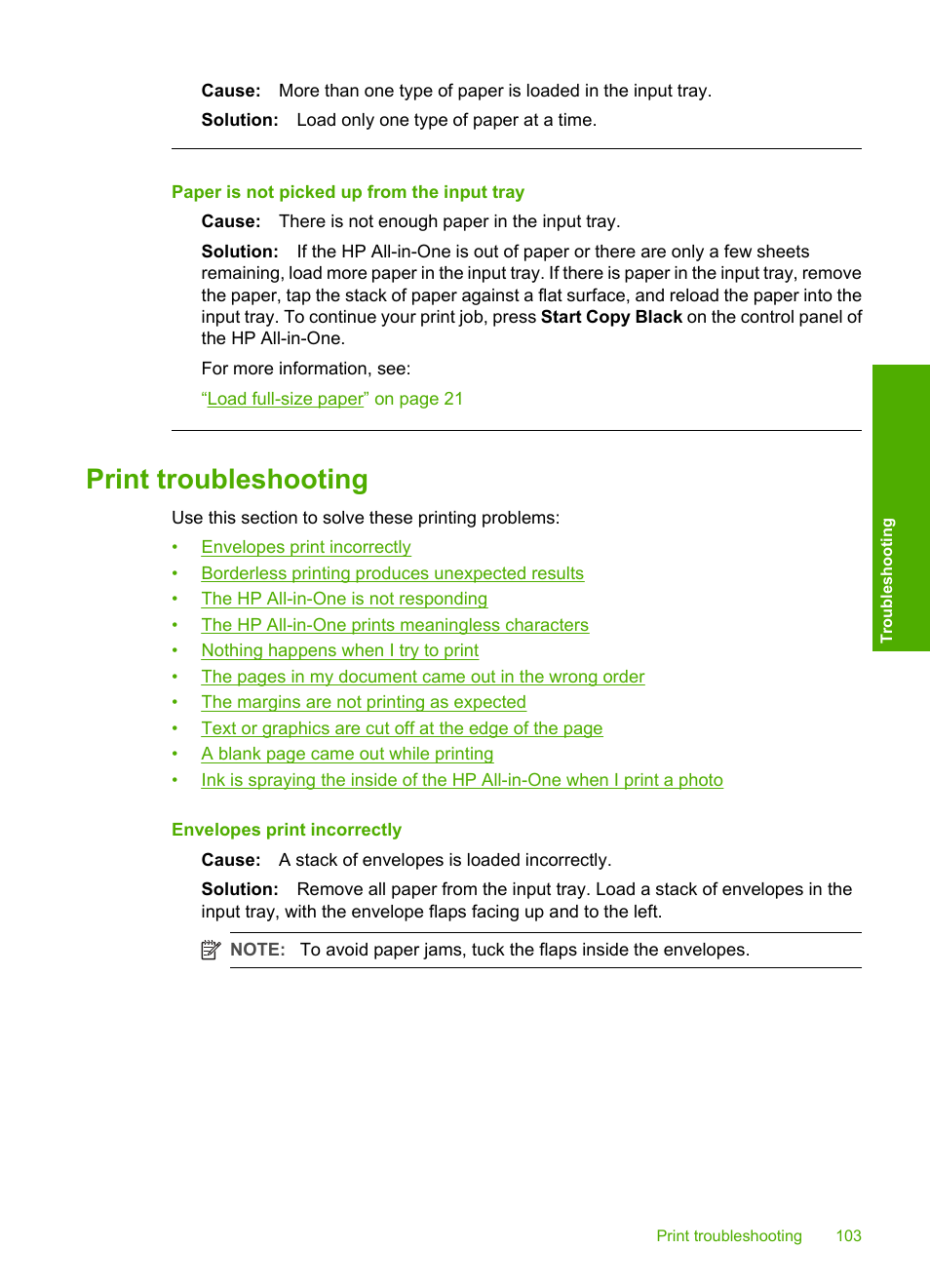 Print troubleshooting, Paper is not picked up from the input tray | HP Photosmart C4270 All-in-One Printer User Manual | Page 106 / 155