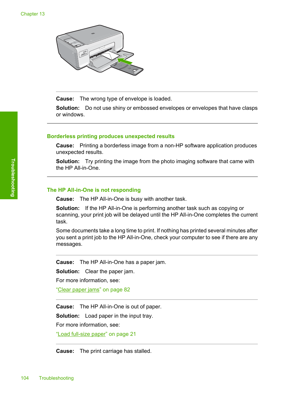 Borderless printing produces unexpected results, The hp all-in-one is not responding | HP Photosmart C4270 All-in-One Printer User Manual | Page 107 / 155