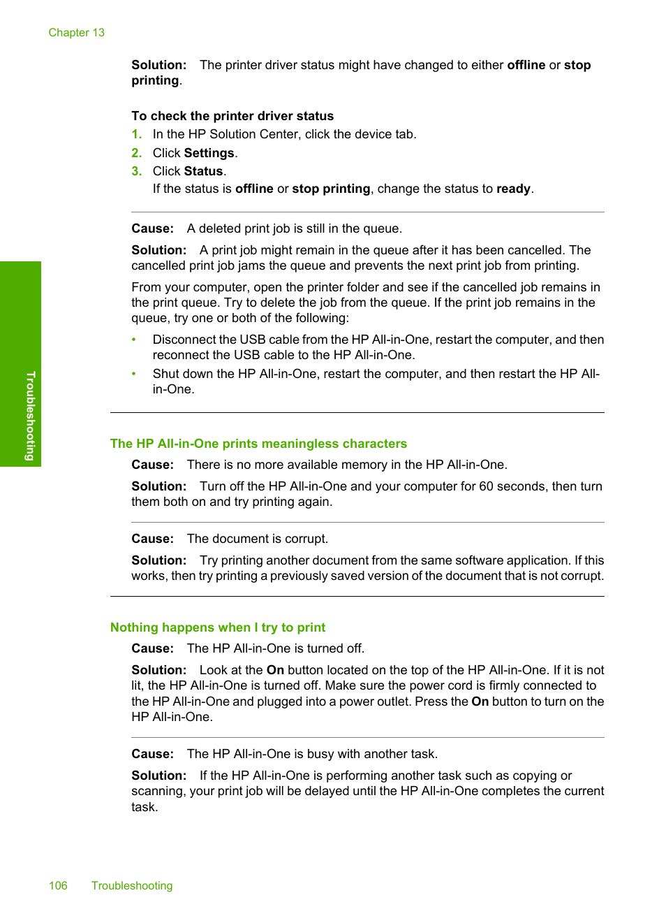 The hp all-in-one prints meaningless characters, Nothing happens when i try to print | HP Photosmart C4270 All-in-One Printer User Manual | Page 109 / 155