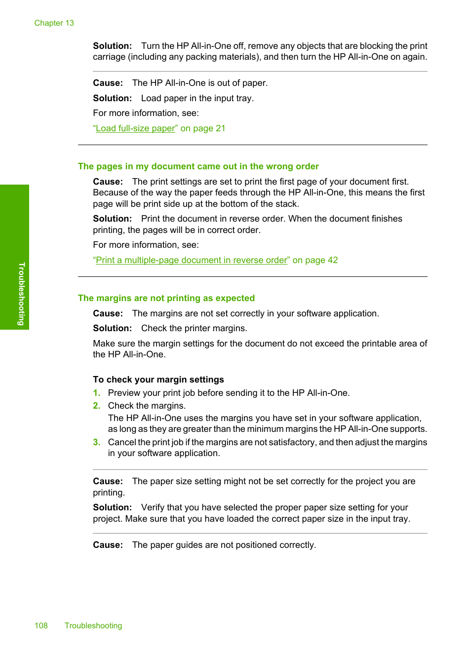 The margins are not printing as expected | HP Photosmart C4270 All-in-One Printer User Manual | Page 111 / 155