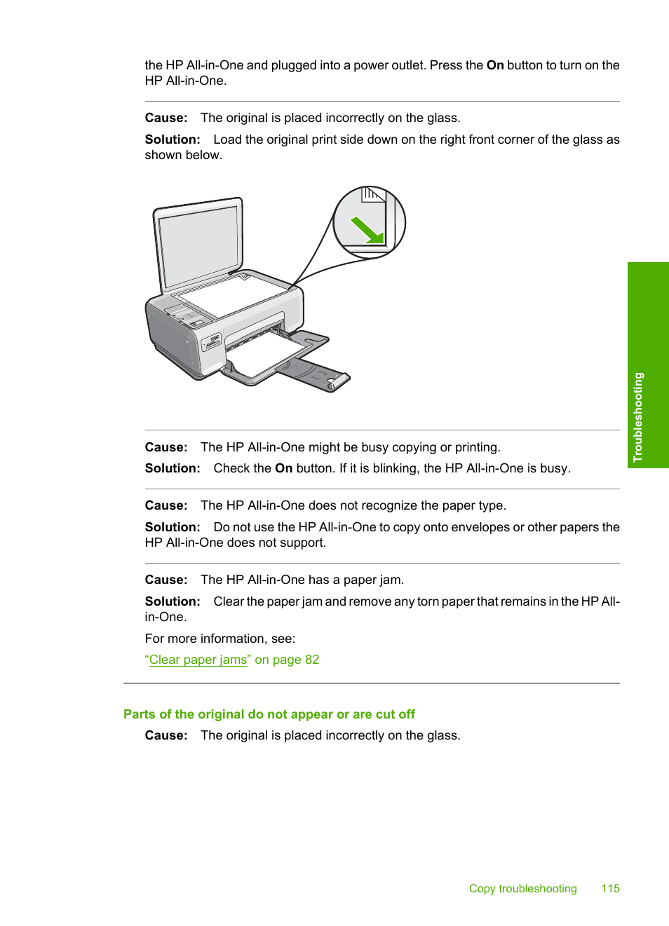 Parts of the original do not appear or are cut off | HP Photosmart C4270 All-in-One Printer User Manual | Page 118 / 155