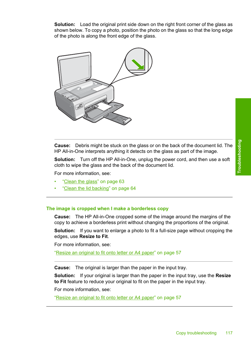 The image is cropped when i make a borderless copy | HP Photosmart C4270 All-in-One Printer User Manual | Page 120 / 155