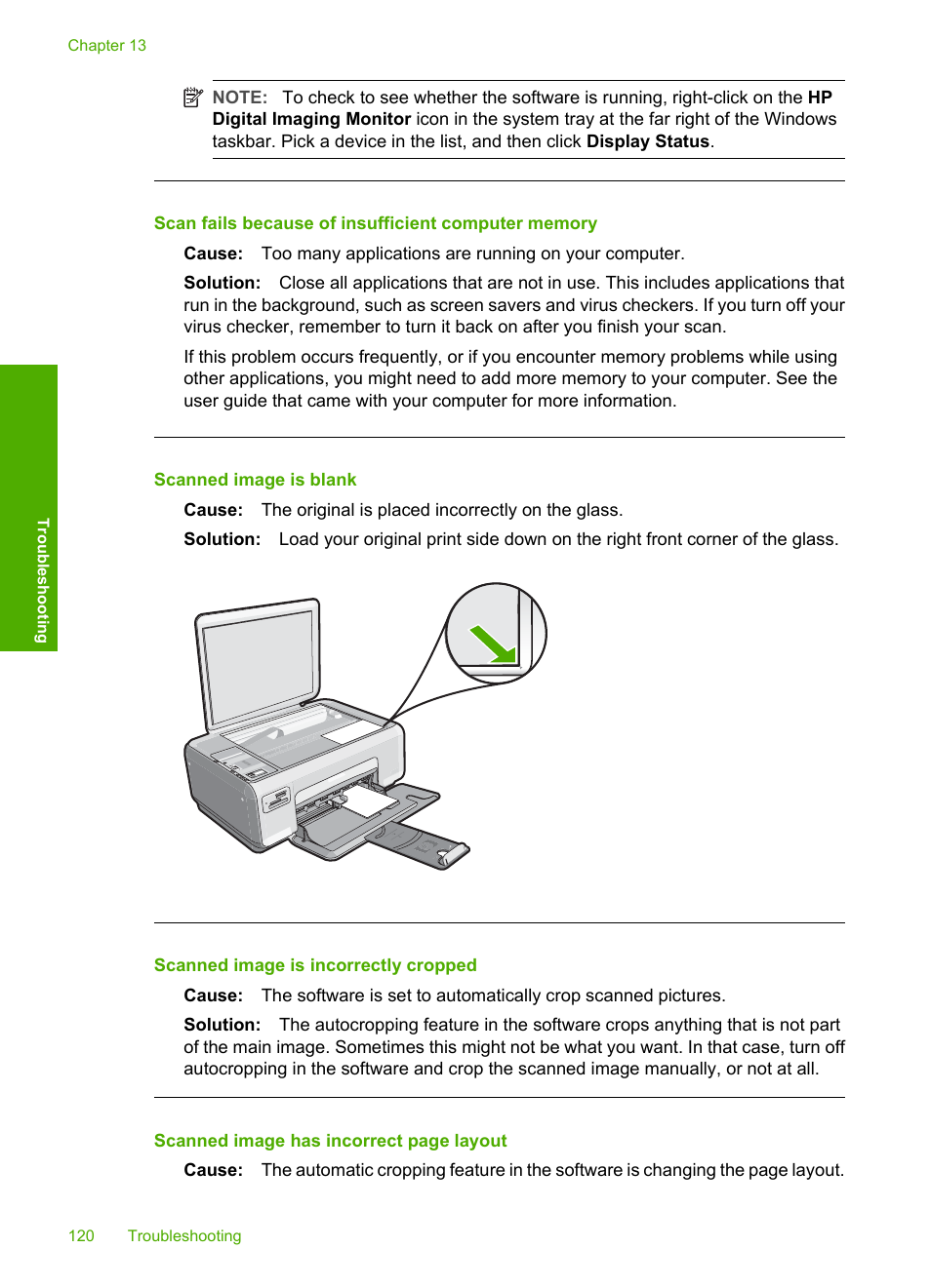 Scan fails because of insufficient computer memory, Scanned image is blank, Scanned image is incorrectly cropped | HP Photosmart C4270 All-in-One Printer User Manual | Page 123 / 155