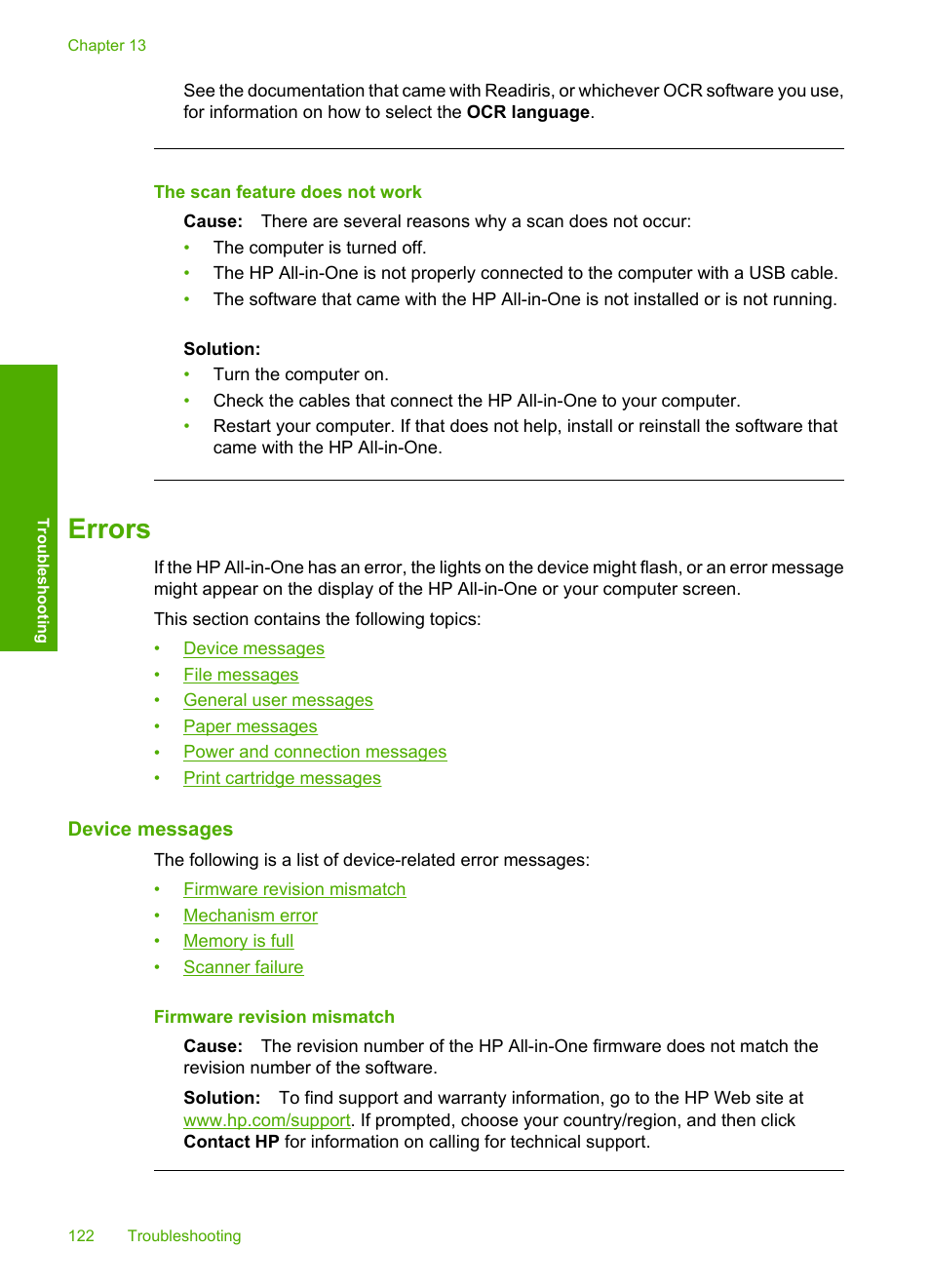 Errors, Device messages, Device messages file messages | Supported file types for the hp all-in-one, The scan feature does not work | HP Photosmart C4270 All-in-One Printer User Manual | Page 125 / 155