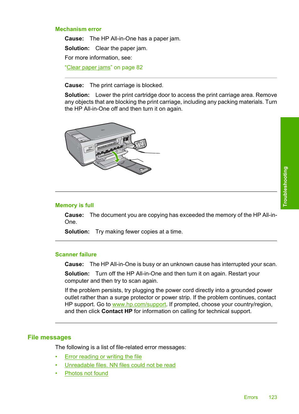 File messages, Mechanism error, Memory is full | Scanner failure | HP Photosmart C4270 All-in-One Printer User Manual | Page 126 / 155