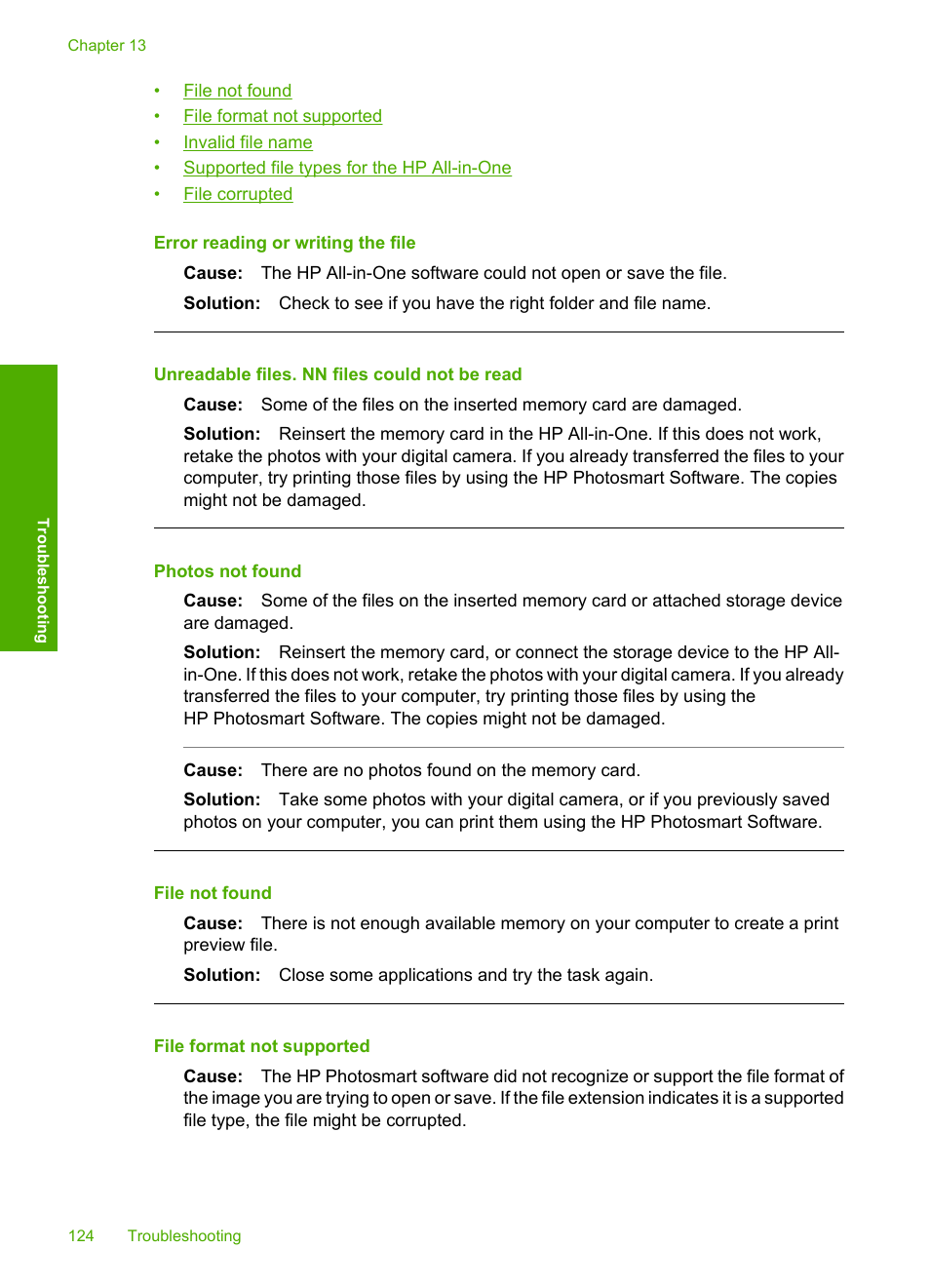 Error reading or writing the file, Unreadable files. nn files could not be read, Photos not found | HP Photosmart C4270 All-in-One Printer User Manual | Page 127 / 155