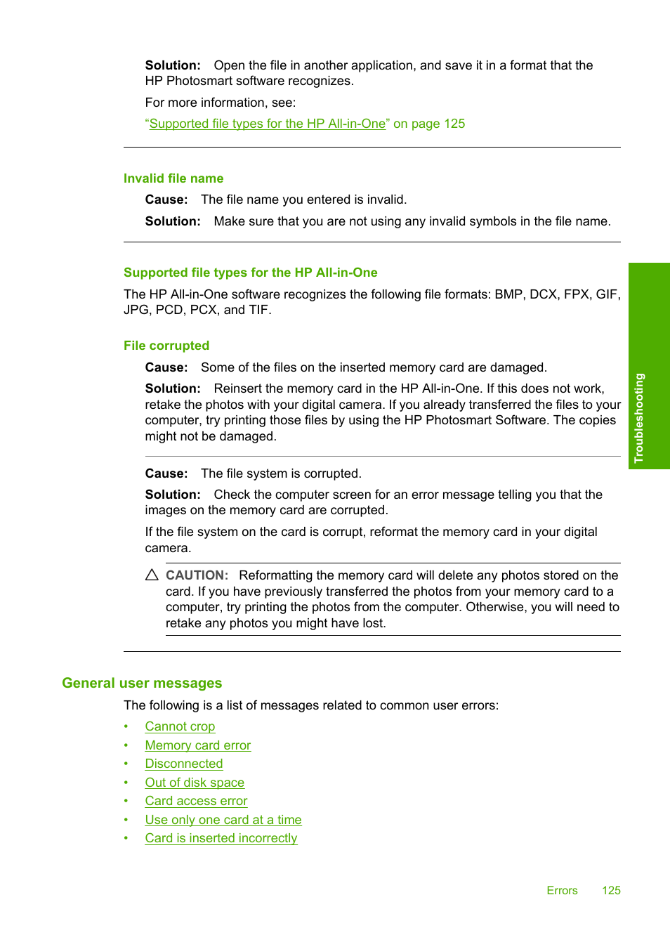 Supported file types for the hp all-in-one, General user messages, Invalid file name | File corrupted | HP Photosmart C4270 All-in-One Printer User Manual | Page 128 / 155